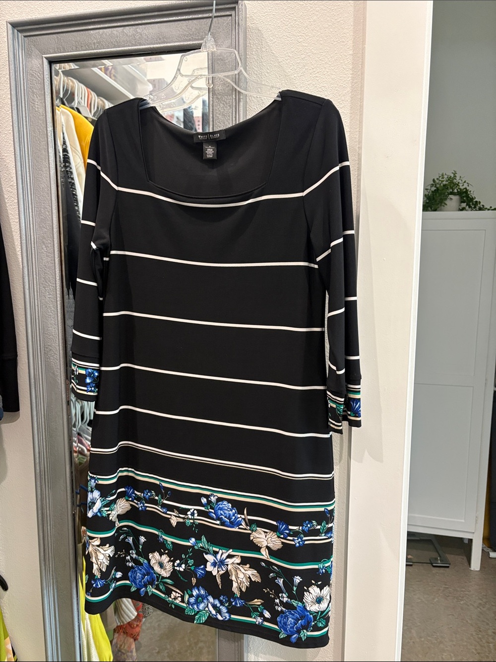 White House Black Market Black Striped Dress with Blue Floral Border